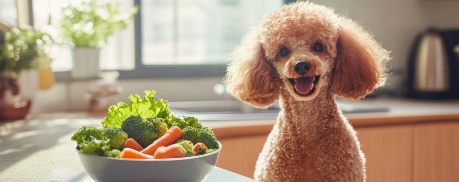 Cute poodle dog waiting for fresh vegetables in modern kitchen