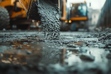 Construction Site: Concrete Pouring into Puddled Ground