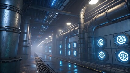 Obraz premium Futuristic Industrial Passage with Blue Lights and Metal Pipes