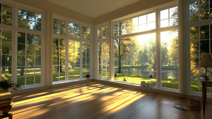 Fototapeta premium Sunlit room overlooking autumn park