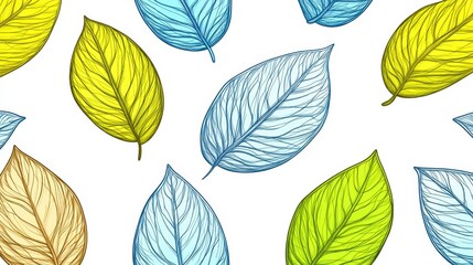Scattered pastel leaves with detailed vein textures on a white background. Light and airy aesthetic, yellow, light green, and blue leaves. Simple