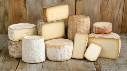 Fototapeta premium A visually appealing arrangement of handcrafted cheeses from a local dairy.