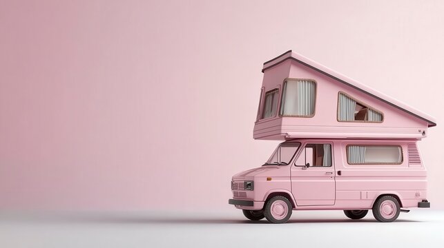 Pink camper van with pop top roof, rendered in a minimalist low poly style against a pale pink background. Studio lighting emphasizes clean lines and
