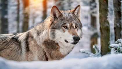 Gray wolf standing in snowy forest during sunset