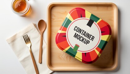 Vibrant food delivery container mockup on wooden tray, delicious presentation