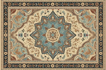 Fototapeta premium Traditional decorative carpet with intricate oriental designs, rich textures, and a warm color palette. A luxurious and timeless textile background, perfect for interior and cultural themes.
