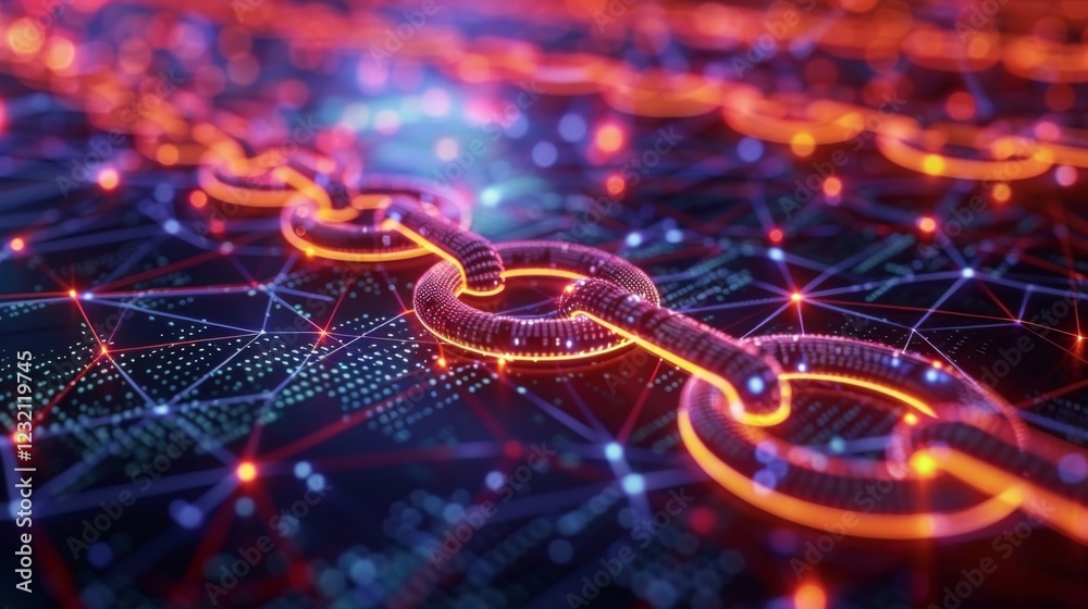 Poster Intricate digital chain links glow in vibrant colors, representing blockchain technology. The background is filled with interconnected data visuals, illustrating networked information.
