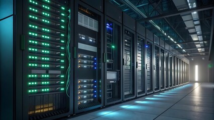 Fototapeta premium Modern Data Center with Server Racks and Colorful LED Lights