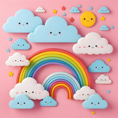 A cute rainbow features vibrant colors in an arc, often symbolizing happiness, hope, and beauty in a cheerful, playful way.