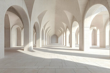 Obraz premium Sunlit arcade hall, stone arches, peaceful background. Architecture design