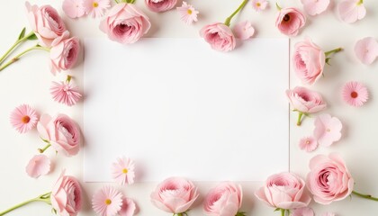 Delicate flower petals surrounding blank A4 paper, artistic composition