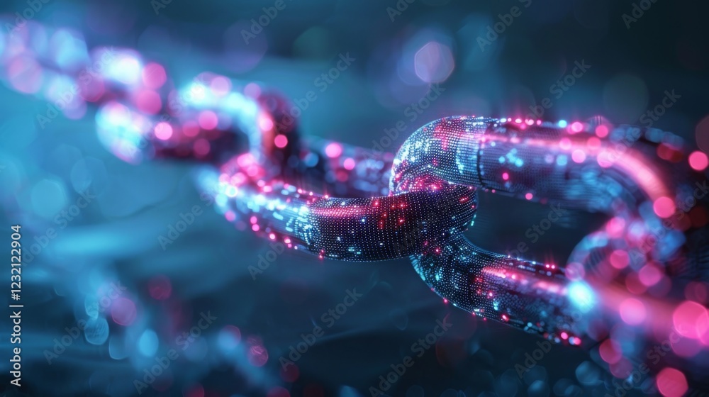Poster a luminous digital chain shines in brilliant blue and pink tones, showcasing intricate details and t