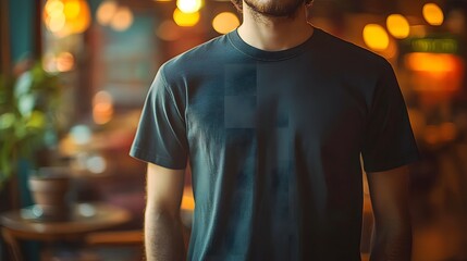 Obraz premium Stylish man wearing a plain black t-shirt in a cozy cafe with warm lighting and a blurred background, ideal for casual fashion and lifestyle photography concepts.