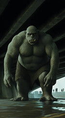 Fototapeta premium A large humanoid troll with stone-like skin, standing under a bridge, guarding it against intruders.