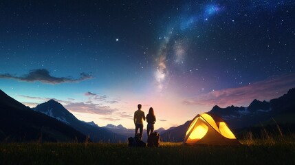 Naklejka premium A couple stargazing on a clear night in the mountains.