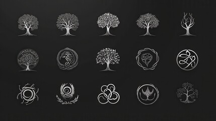 Collection of sixteen silver tree and circle illustrations on a dark background. Each design features unique branching patterns and shapes, creating
