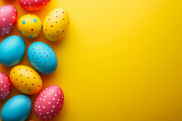 Colorful easter eggs with polka dots on vibrant yellow background for holiday design