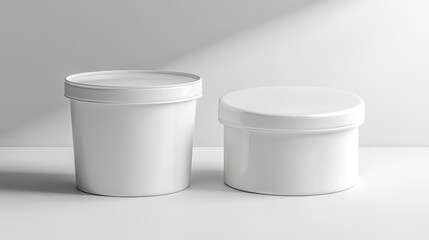 Plastic yogurt cup mockup. White cream pot package for yoghurt. 3d blank jar for dessert box mock up. Closed round food packaging with cover for sweet dairy isolated set. Empty realistic snack can