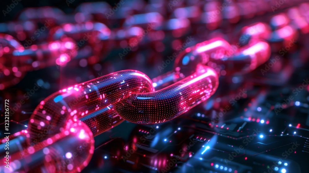 Poster A vivid display of interconnected digital chains against a dark backdrop, highlighting technology and data interaction through glowing red and pink elements.