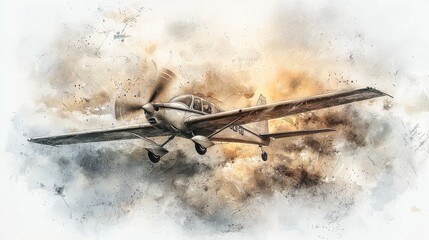 Vintage Airplane Flying Through Dramatic Cloudy Sky Artwork Illustration