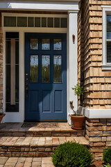 Naklejka premium Stunning Blue Front Door of a House with Stone Steps and Landscaping. Beautiful Home Exterior, Real Estate Photography