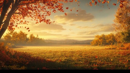 A serene autumn scene with golden light illuminating the field and trees with falling leaves