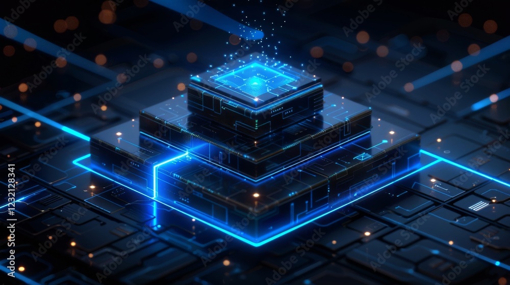Poster A vibrant microchip displays bright blue light while surrounded by layered geometric shapes, with glowing lines forming a complex digital structure in a futuristic setting