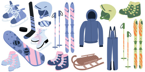 Big vector set of winter sport equipment skis, snowboard, boots, protective glasses, helmet, skates, ski poles, sled, stick, puck in blue color. Hand drawn vector illustrations in flat style