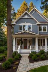Obraz premium Stunning Gray House Exterior with White Porch and Landscaping. Beautiful Home Architecture and Design. Real Estate, Property, Residential.