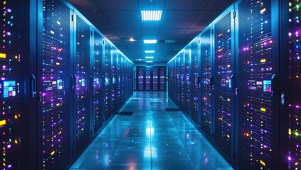 Fototapeta premium A row of computer servers with lights on them