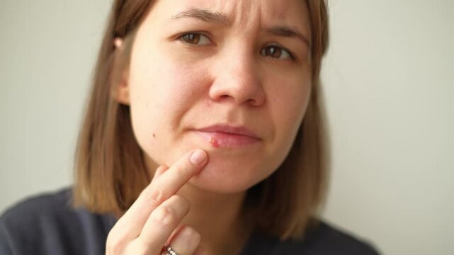 The girl points with her finger at herpes on her lips, on her face the emotion of discomfort and pain
