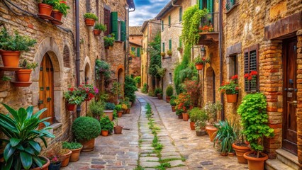 Narrow cobblestone street lined with terracotta-tiled buildings and overflowing flower pots, set amidst lush greenery and a serene Italian village landscape , flowers, italian countryside