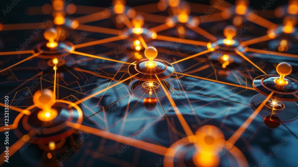 Fototapete An intricate network of glowing nodes and connecting lines is displayed, emphasizing the interconnectedness of elements in a dark setting that creates a striking visual effect.