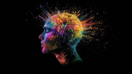 Obraz premium Human head exploding with colorful particles on black background