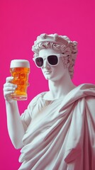 White plaster statue wearing sunglasses and holding glass of beer on pink background
