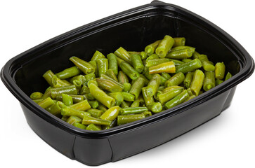 Steamed fresh green beans in a black plastic lunchbox photo on a white background