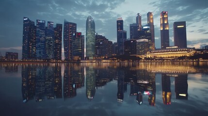 Fototapeta premium Singapore's modern skyline with illuminated skyscrapers reflecting in the calm waters of marina bay at dusk, creating a stunning cityscape view