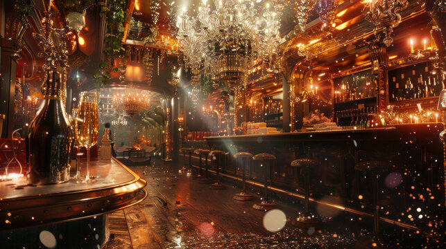 Champagne in unconventional settings visualized with a lively and festive mood, highly detailed