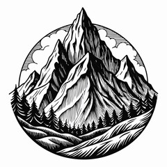 Monochrome Mountain Landscape Illustration with Forest and Clouds