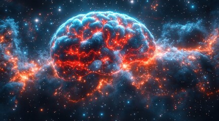 Obraz premium A brain is shown in a space filled with stars and clouds