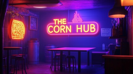A neon sign 'THE CORN HUB' inside a retro American diner, illuminated by dark purple and blue lighting, perfect for themed designs