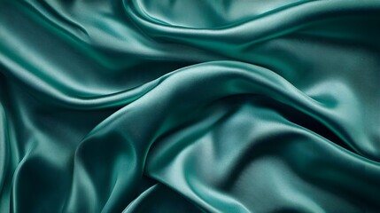 Fototapeta premium Teal Silk Drape: Luxurious teal silk fabric gracefully drapes and folds, creating an abstract pattern of flowing curves and shimmering highlights. The rich.