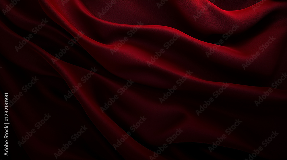 Fototapete Luxurious deep red fabric with flowing folds and velvety texture, creating an elegant and opulent visual effect. The rich color and soft waves enhance the sense of depth and movement, emphasizing the 