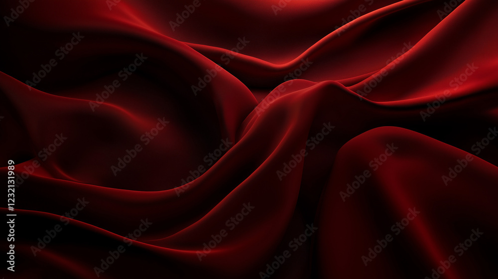 Fototapete Luxurious deep red fabric with flowing folds and velvety texture, creating an elegant and opulent visual effect. The rich color and soft waves enhance the sense of depth and movement, emphasizing the 