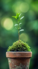 Fototapeta premium Small plant growing in a terracotta pot with moss and blurred green background