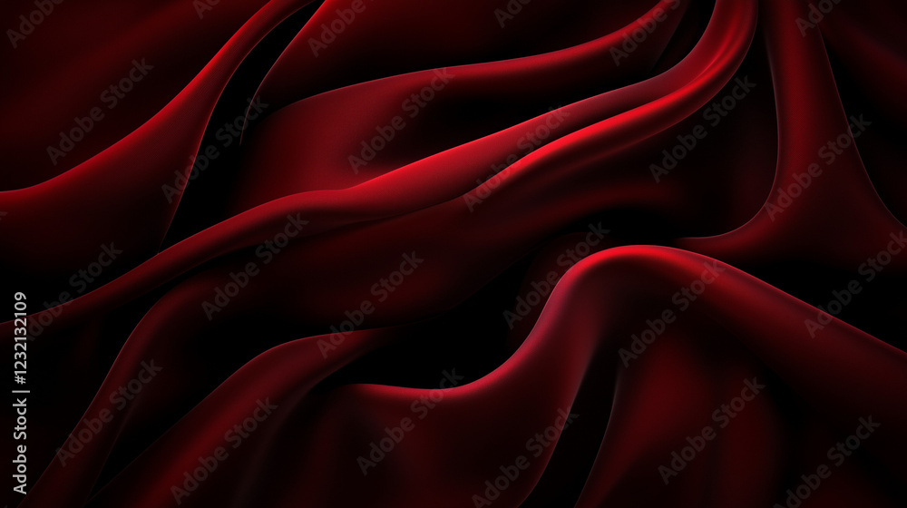 Poster Luxurious deep red fabric with flowing folds and velvety texture, creating an elegant and opulent visual effect. The rich color and soft waves enhance the sense of depth and movement, emphasizing the 