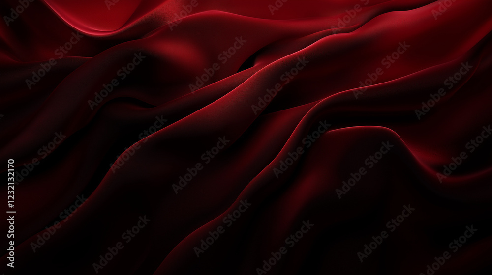 Fototapete Luxurious deep red fabric with flowing folds and velvety texture, creating an elegant and opulent visual effect. The rich color and soft waves enhance the sense of depth and movement, emphasizing the 