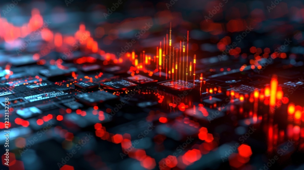 Poster Vibrant signal patterns in red and orange illuminate a circuit board, creating a dynamic visualization of data flow in a dark environment.