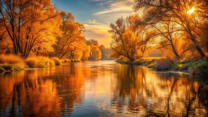 Obraz premium Warm orange hues dance across a tranquil autumn river landscape with gentle ripples and soft sunlight filtering through the trees , landscape, serene water