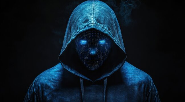 A man is wearing a blue hoodie with a face on it